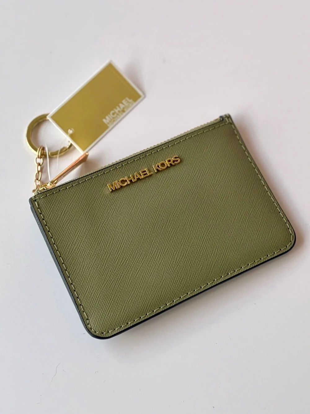 Michael Kors Olive Green Saffiano Cardholder Small Wallet with Gold Keyring